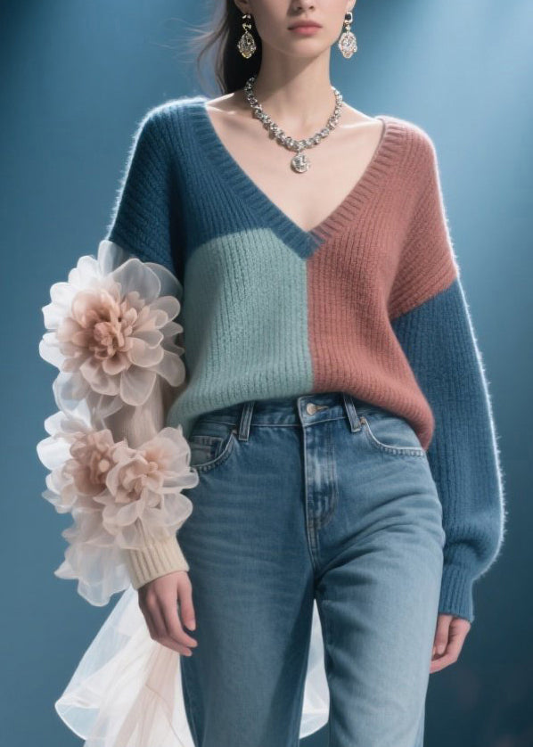 Colorblock V Neck Knit Pullover Fall