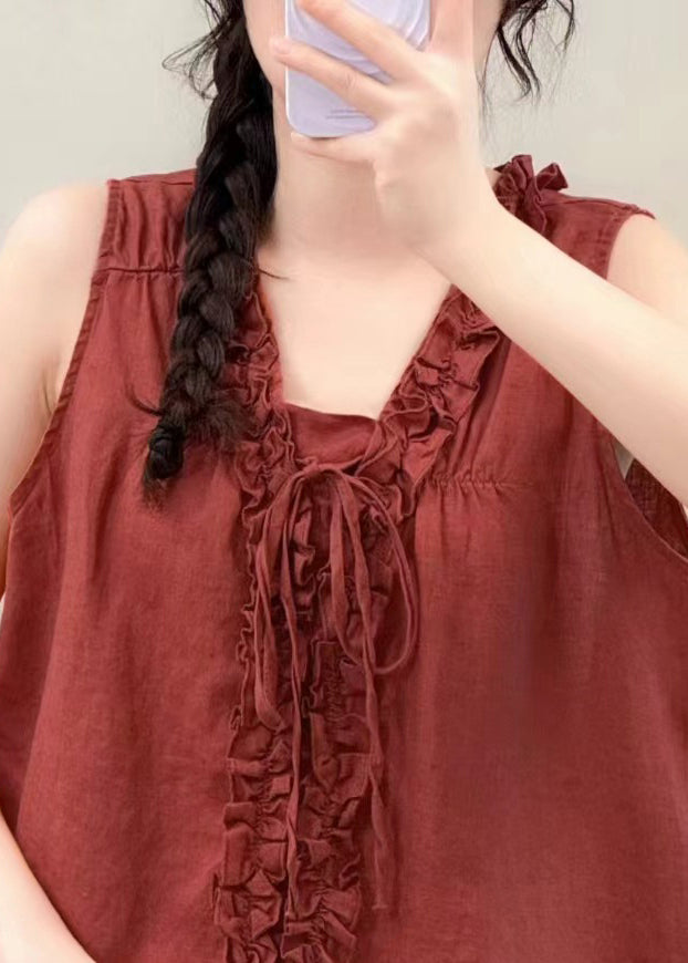 Stylish Red Ruffled Oversized Linen Shirt Summer