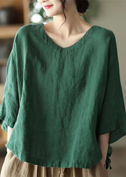 Green O-neck Embroideried Cotton Blend Top Long Sleeve