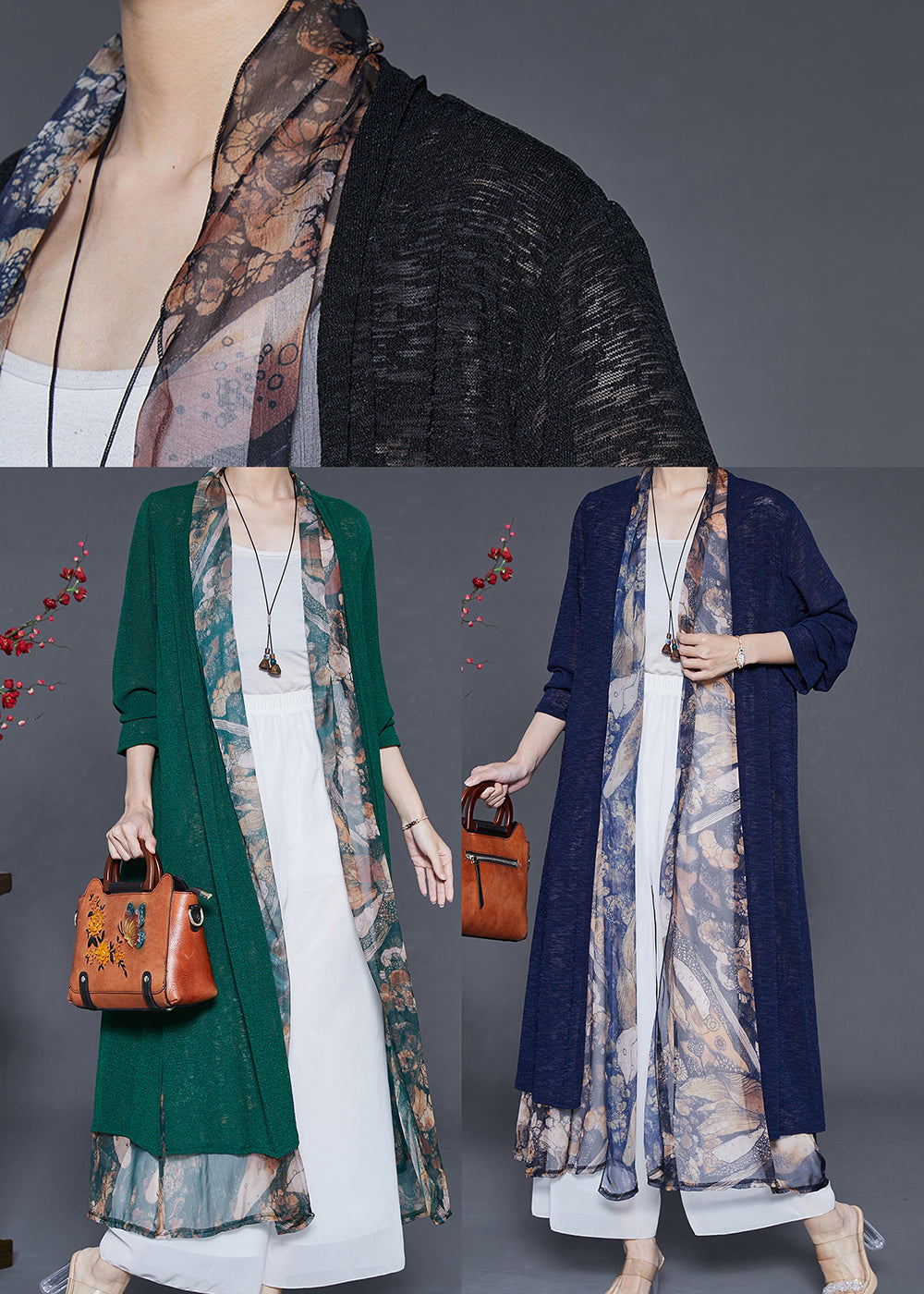 Black Oversized Patchwork Silk Long Cardigan Summer