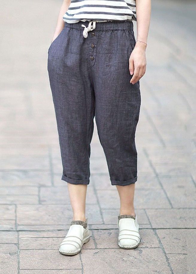 Denim Blue Pockets Patchwork Linen Crop Pants Summer
