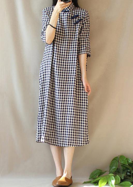 Loose Stand Collar Chinese Button Outfit Work Plaid Linen Maxi Dresses Summer
