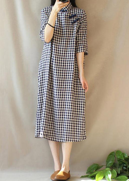 Loose Stand Collar Chinese Button Outfit Work Plaid Linen Maxi Dresses Summer