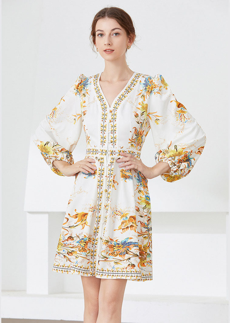 White V Neck Print Chiffon Mid Dress Spring