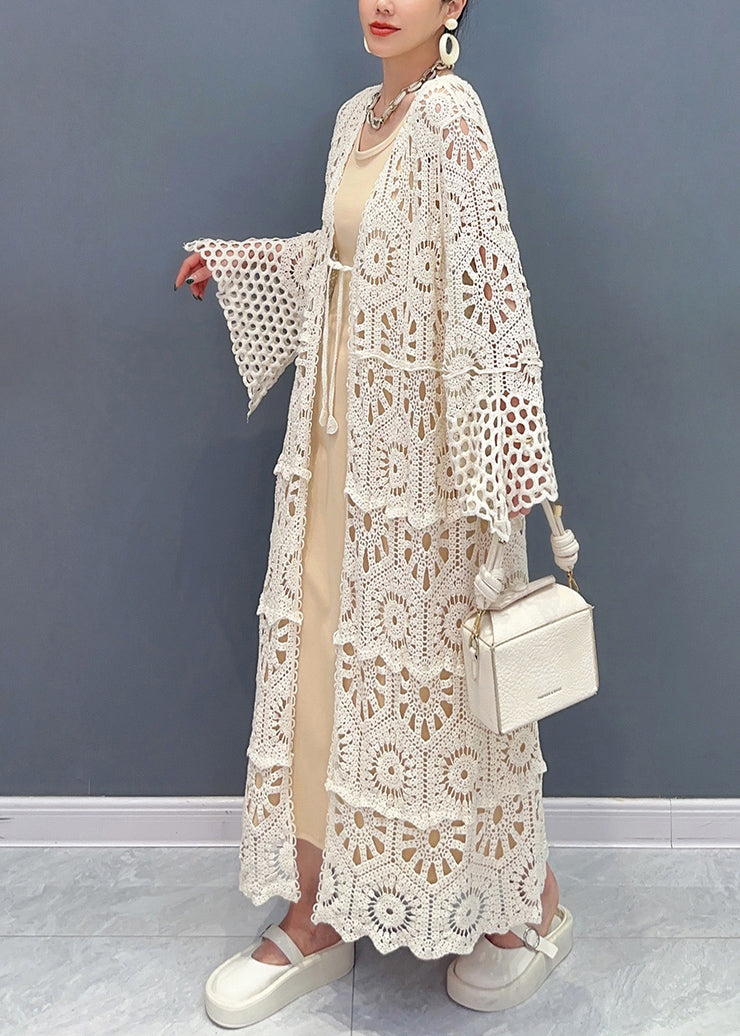 Apricot V Neck Hollow Out Long Lace Cardigan Fall