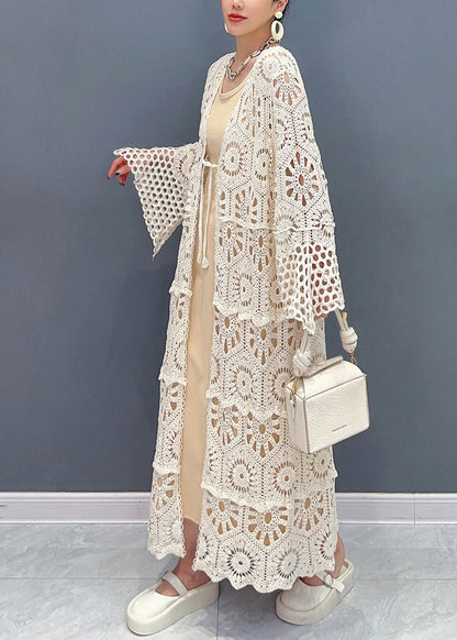 Apricot V Neck Hollow Out Long Lace Cardigan Fall