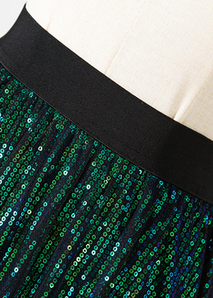Stylish Green Elastic Waist Sequins Tulle a Line Skirt Spring