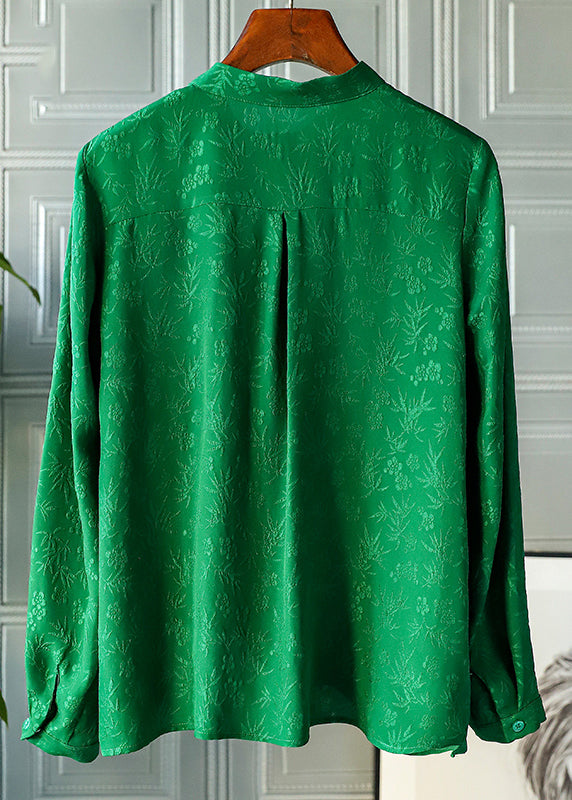 Retro Green Mandarin Collar Button Asymmetrical Design Jacquard Silk Shirts Spring