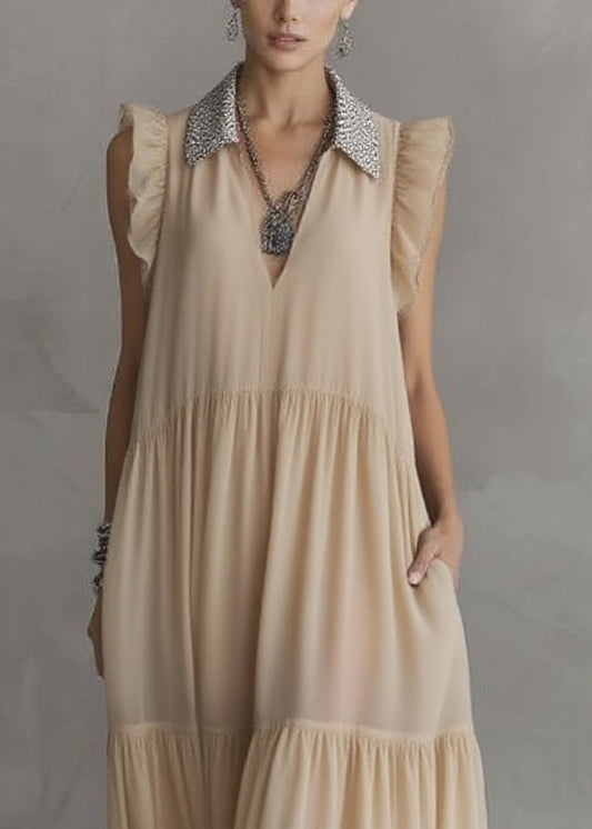 Simple Apricot Peter Pan Collar Wrinkled Chiffon Maxi Dresses Summer