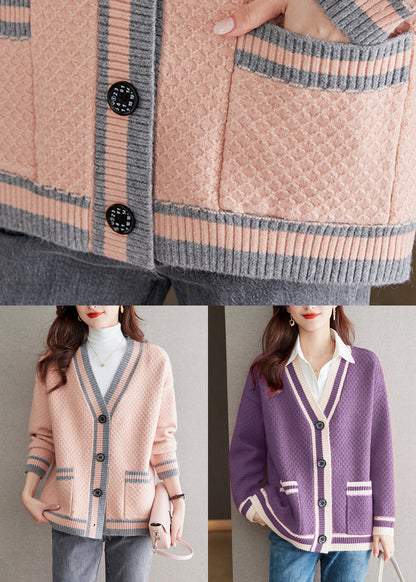 Pink V Neck Button Patchwork Knit Cardigan Fall