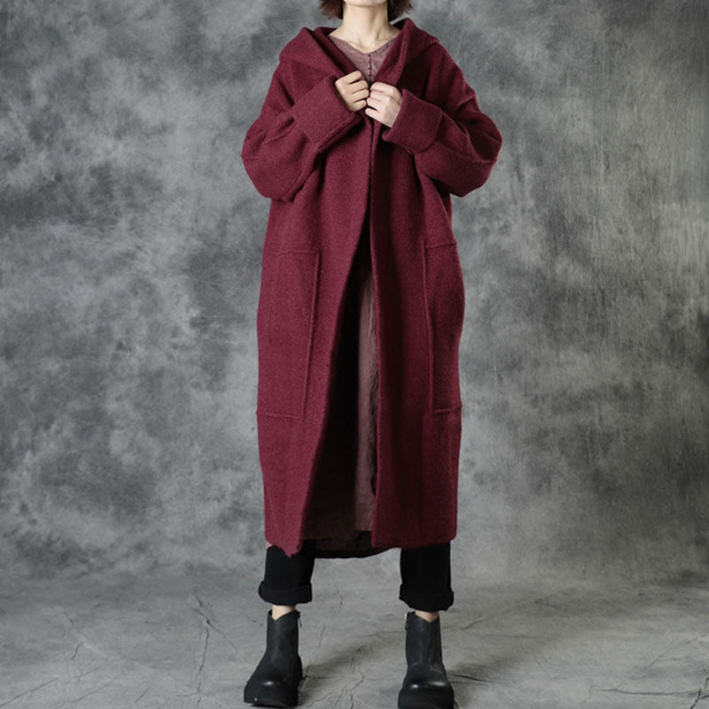 Mulberry Loose Pockets Fall Hooded Long Sleeve Sweaters Coat