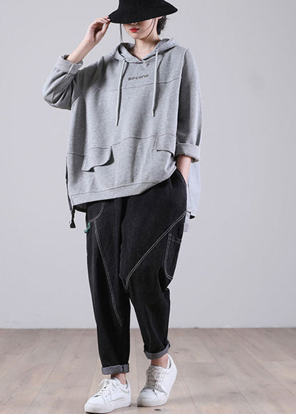Comfy Grey Hooded Drawstring Graphic Fall Patchwork Sweatshirts Top