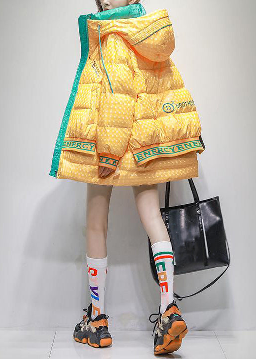 Yellow Hooded Letter Patchwork Duck Down Coats Winter