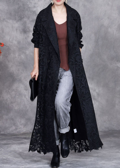 Black Button Lace Trench Coat Peter Pan Collar Fall