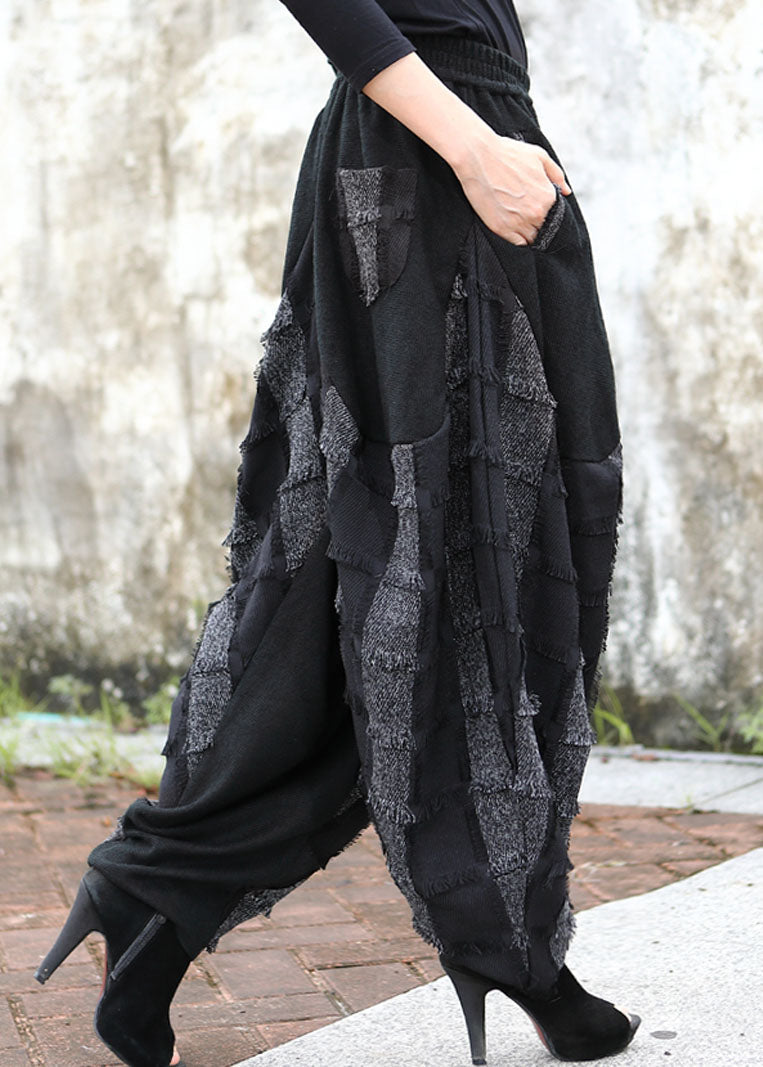 Simple Black Grey Patch Applique Striped Pants Spring
