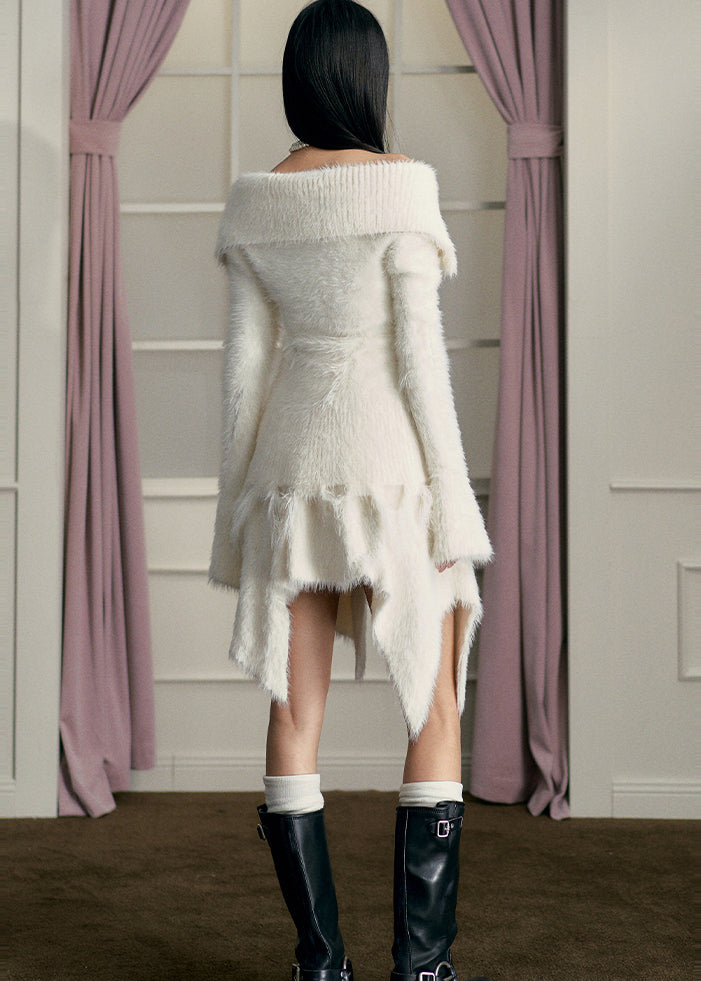 White Slash Neck Asymmetrical Mink Hair Knitted Two Piece Set Fall