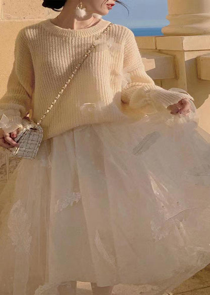 Pink Feathers Embroidered Wrinkled Tulle Skirt Spring