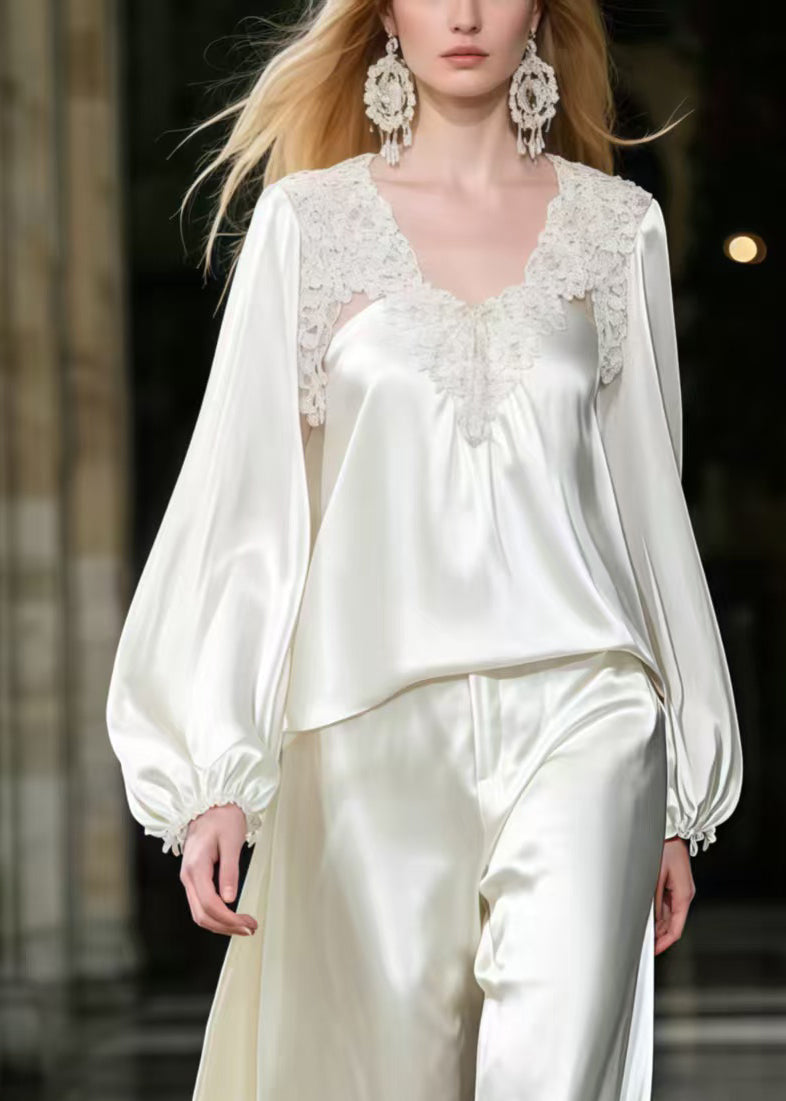 French White Lace Patchwork Draping Silk Two Piece Set Clothing Spring