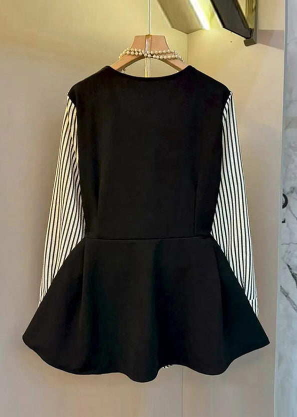 Black Oversized Patchwork Cotton Fake Two Piece Tops Fall