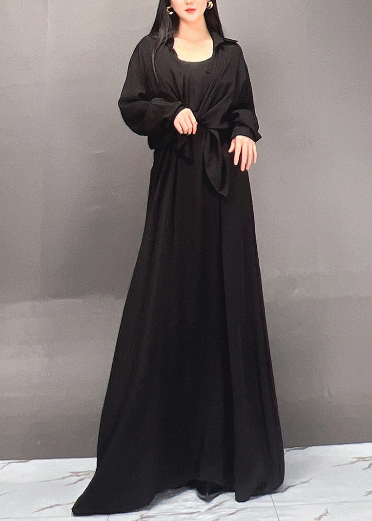 Black Peter Pan Collar Shirts and Maxi Skirts Two Piece Set Spring