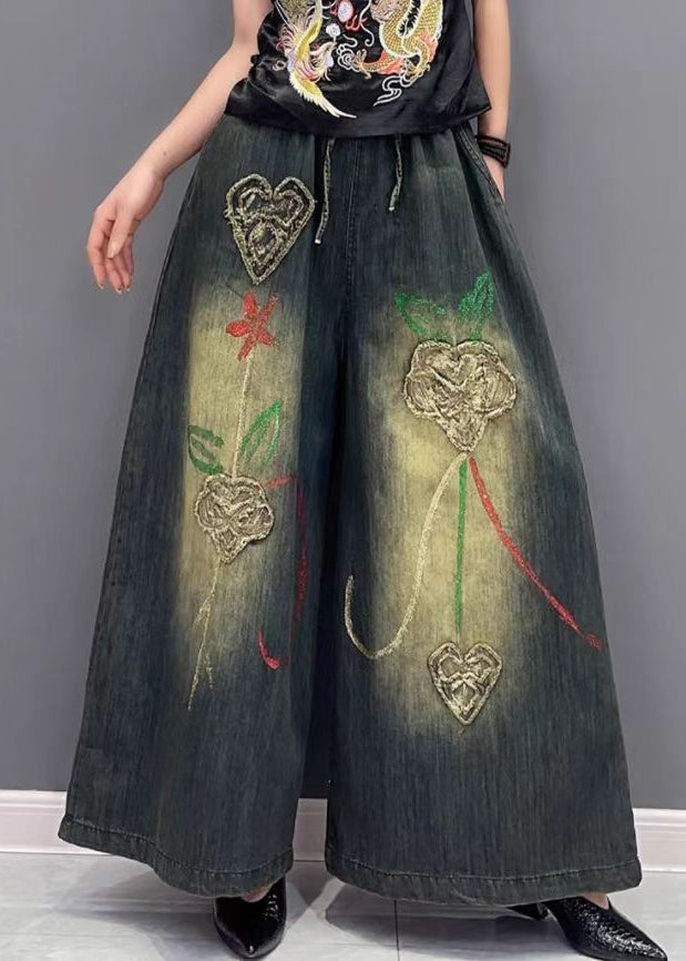 Embroideried Elastic Waist Wide Leg Jeans