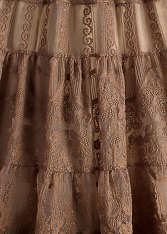 Chocolate Colour Embroideried High Waist Tulle a Line Skirt Fall