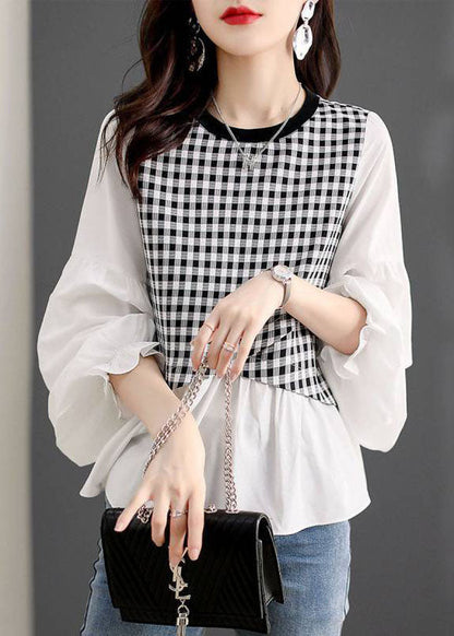 Plaid Patchwork Lantern Sleeve Top Spring