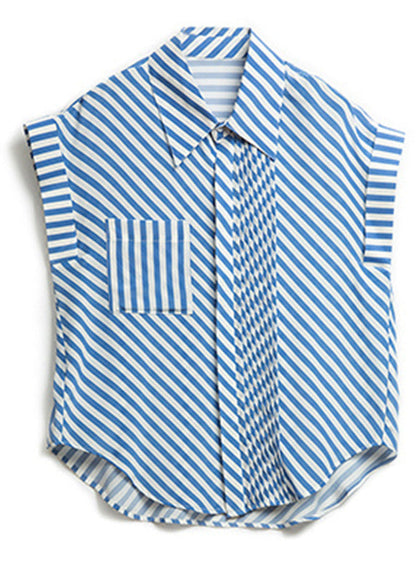 Blue Peter Pan Collar Striped Button Low High Design Silk Shirts Summer