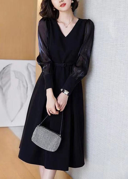 Black V Neck Patchwork Spandex Dress Spring