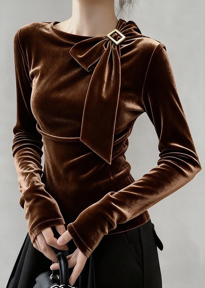 Fine Coffee Bow Silk Velour T Shirt Tops Winter