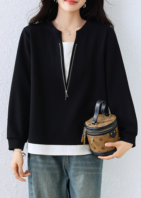 Black Zip Up Patchwork Cotton Fake Two Piece Sweatshirts Top Fall