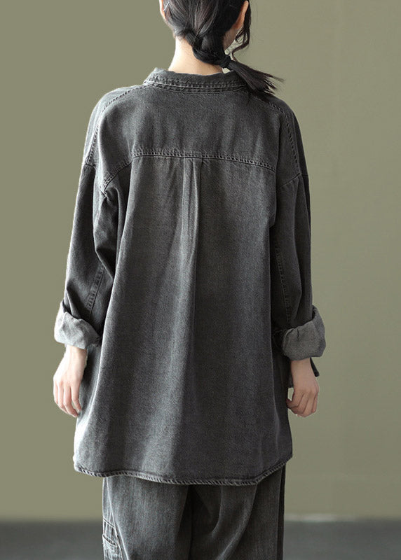 Black Peter Pan Collar Print Cotton Denim Shirt Long Sleeve