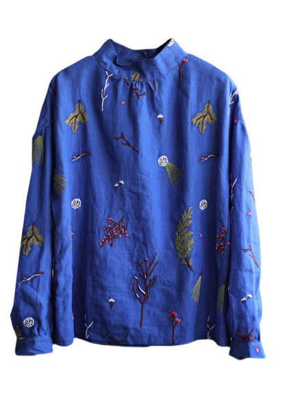 Stylish Blue Embroideried Retro Linen Blouse Tops Spring
