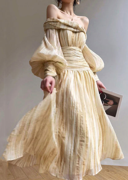 Art Beige Slash Neck Front Open Shirts and Skirts 2 Piece Outfit Lantern Sleeve