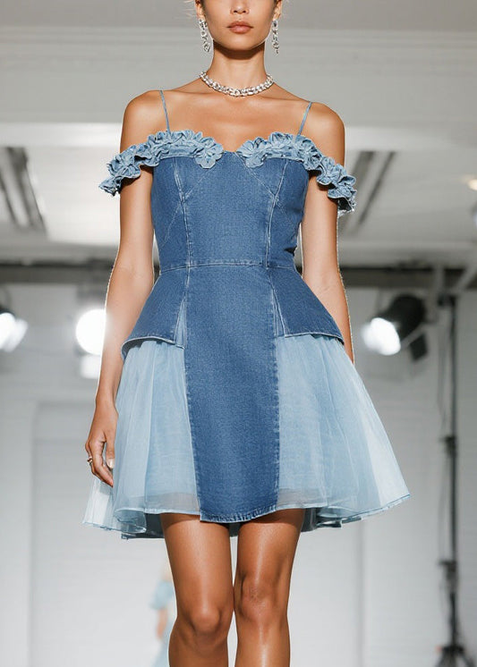 Blue Ruffled Tulle Patchwork Denim Dress Summer