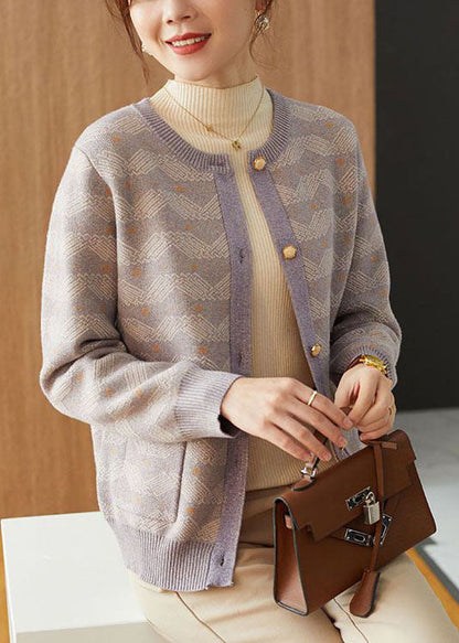 Light Purple Print Woolen Loose Coat Outwear Pearl Button Fall