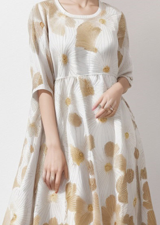 Organic Apricot U Neck Print Silk Long Dress Summer