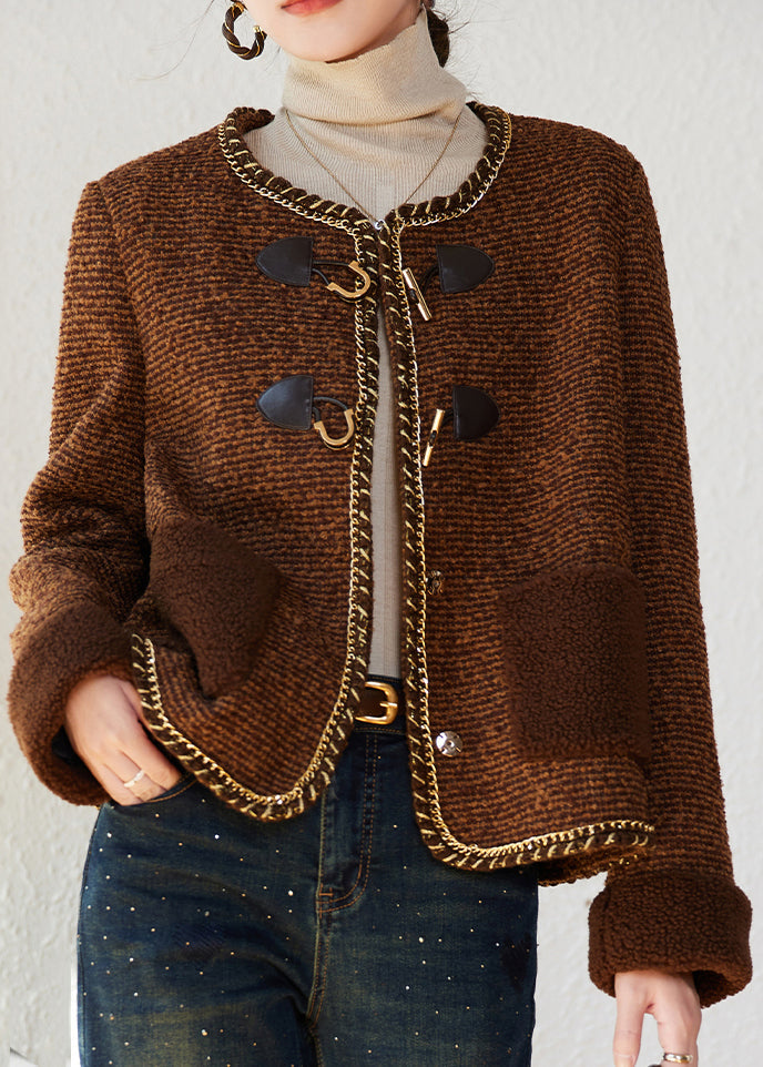 Coffee Pockets Button Woolen Duck Down Filled Jacket Winter