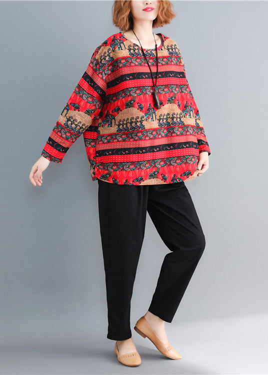 Red Oversized Print Cotton Tops Spring
