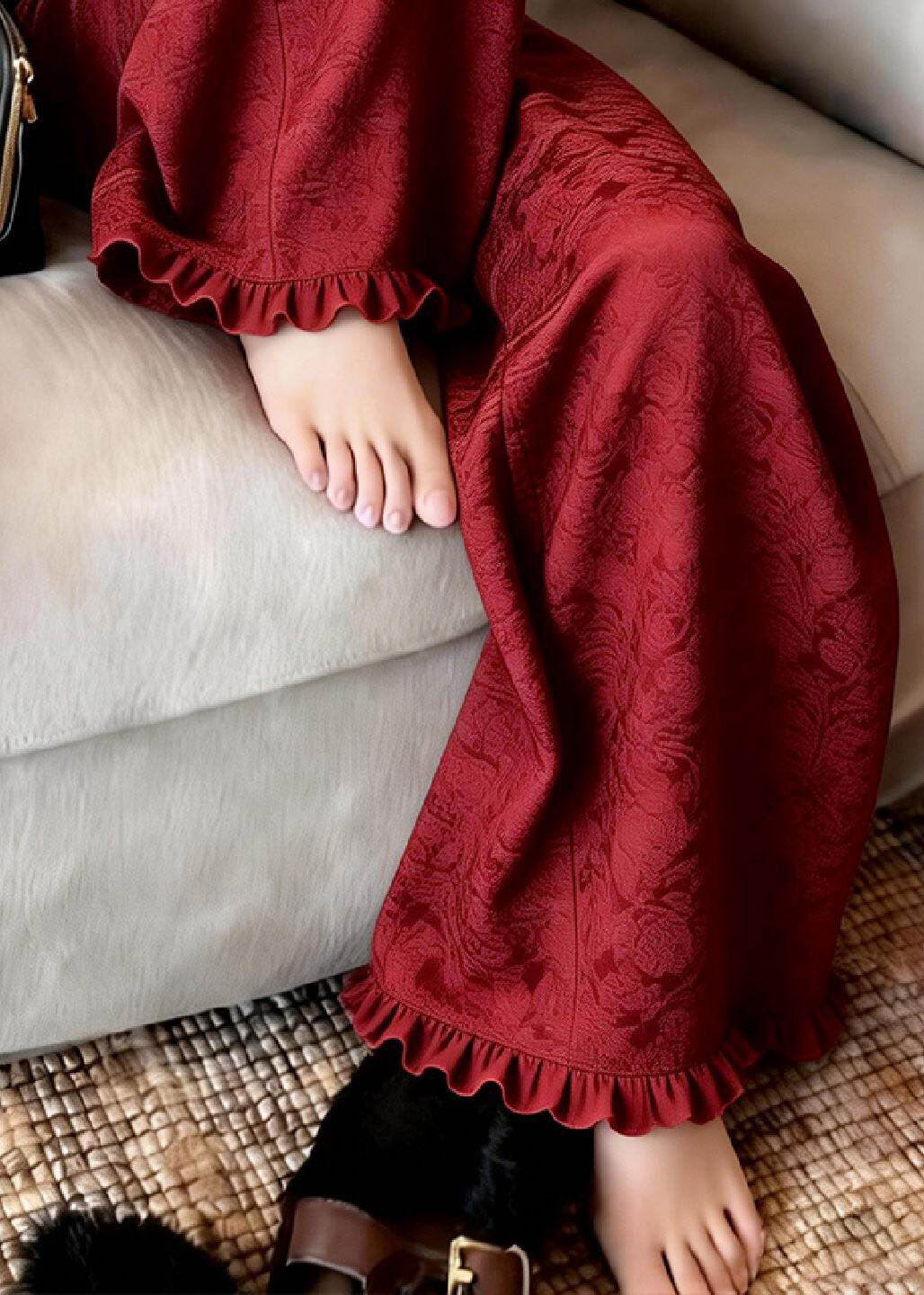 Red Ruffled Patchwork Wide Leg Pants