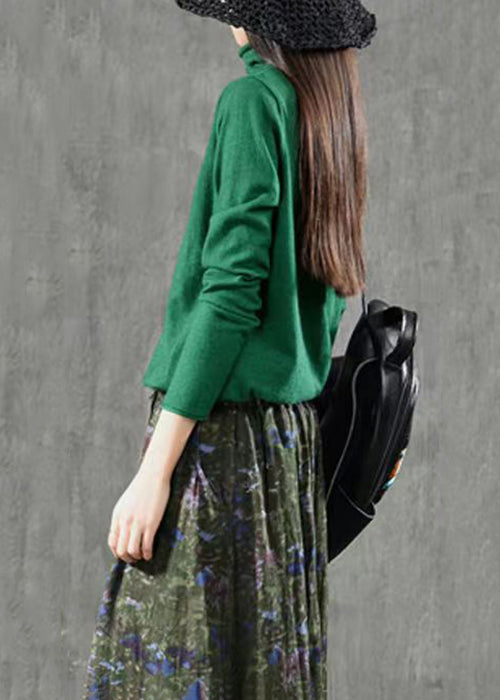 Green Turtleneck Patchwork Knitting Cotton Long Sleeve