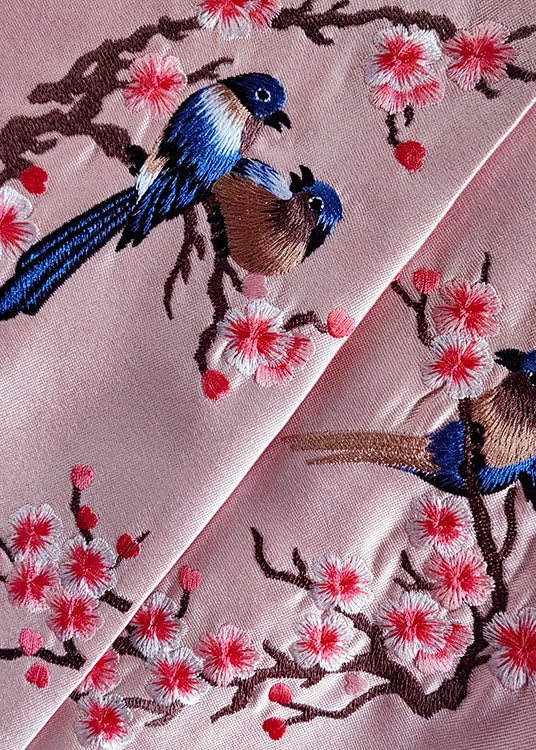 Fine Pink O-neck Embroideried Patchwork Silk Coat Spring