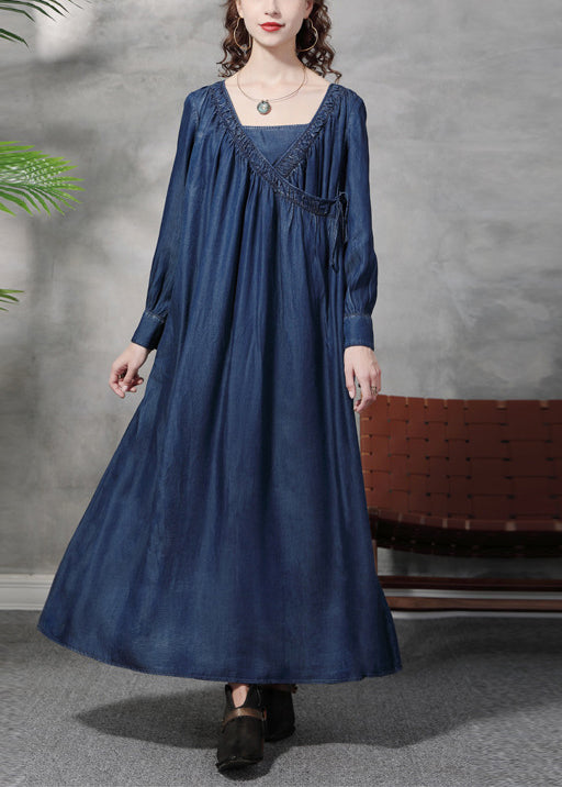 Blue Square Collar Tie Waist Cotton Dresses Long Sleeve