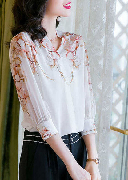White V Neck Print Patchwork Silk Shirt Top Summer