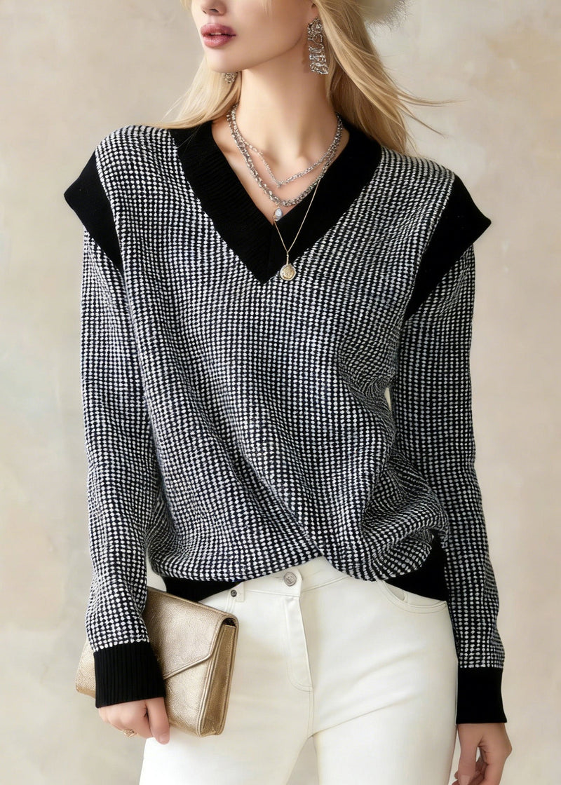 Black V Neck Plaid Knit Sweater Tops Winter