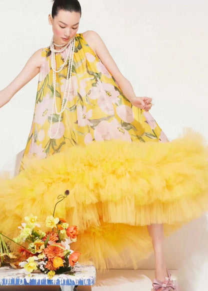 Yellow Print Exra Large Hem Party Dress Sleeveless Summer