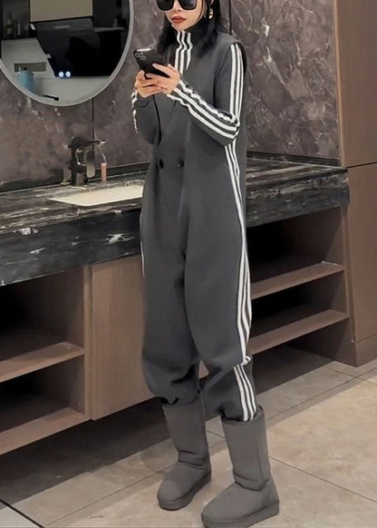New Grey Striped Button Tops and Jumpsuit Cotton Two Pieces Set Spring