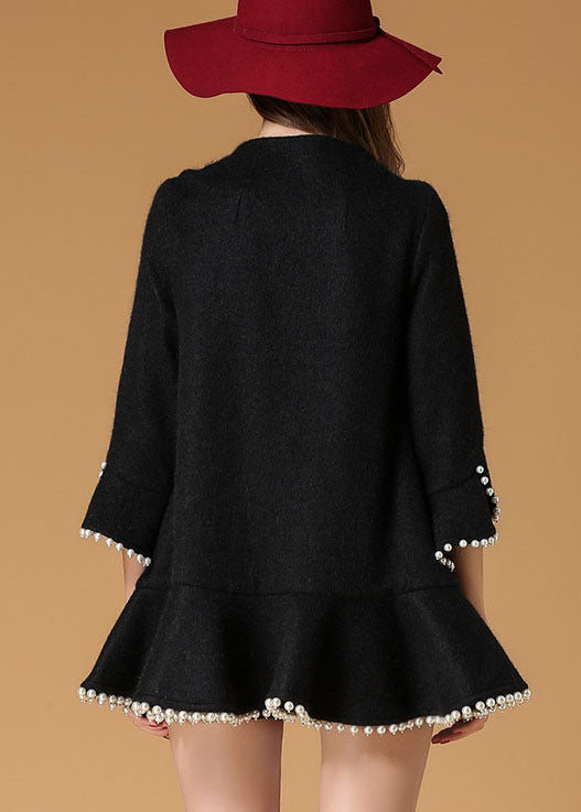 Fitted Black Ruffled Button Skinny Fall Woolen Coats