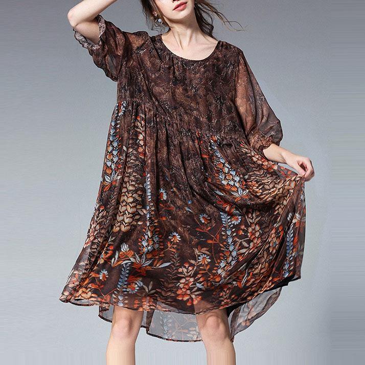 Unique Blue Print Tunic Pattern O Neck Cinched Summer Dresses