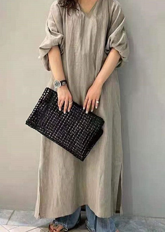 Black V Neck Side Open Cotton Dresses Puff Sleeve